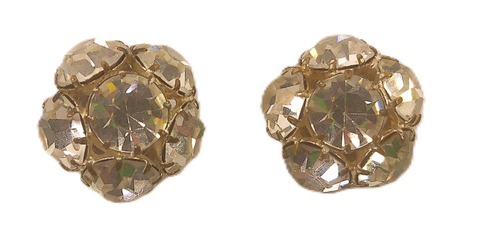 Vintage 1950s Clear Rhinestone Cluster Clip On Earrings Silver Tone Domed
